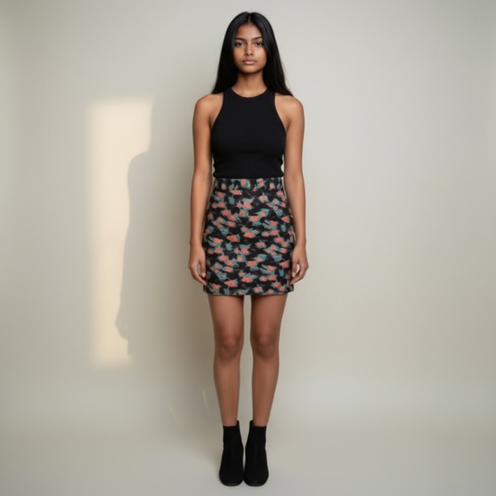 NWOT Milly skirt size 4. Black with pink/coral and aqua pattern.